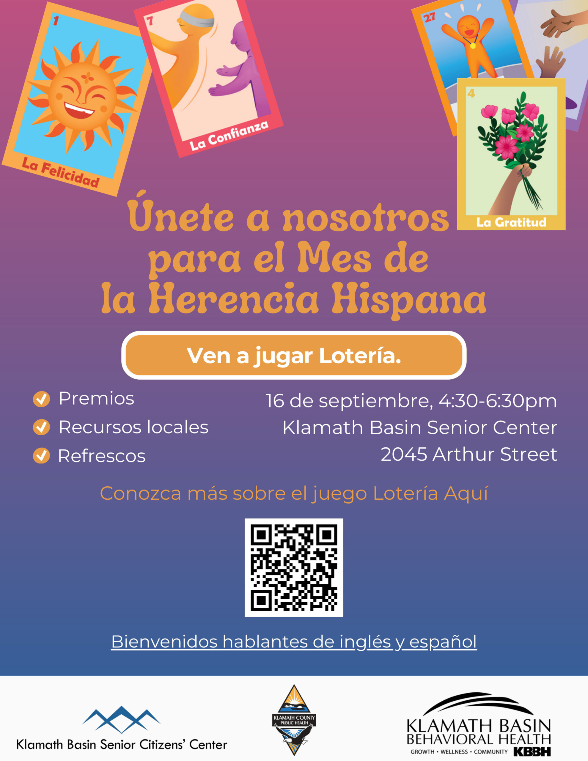 ¡Únase a nosotros para el Mes de la Herencia Hispana y la Lotería! …en el Centro para personas mayores de Klamath Basin