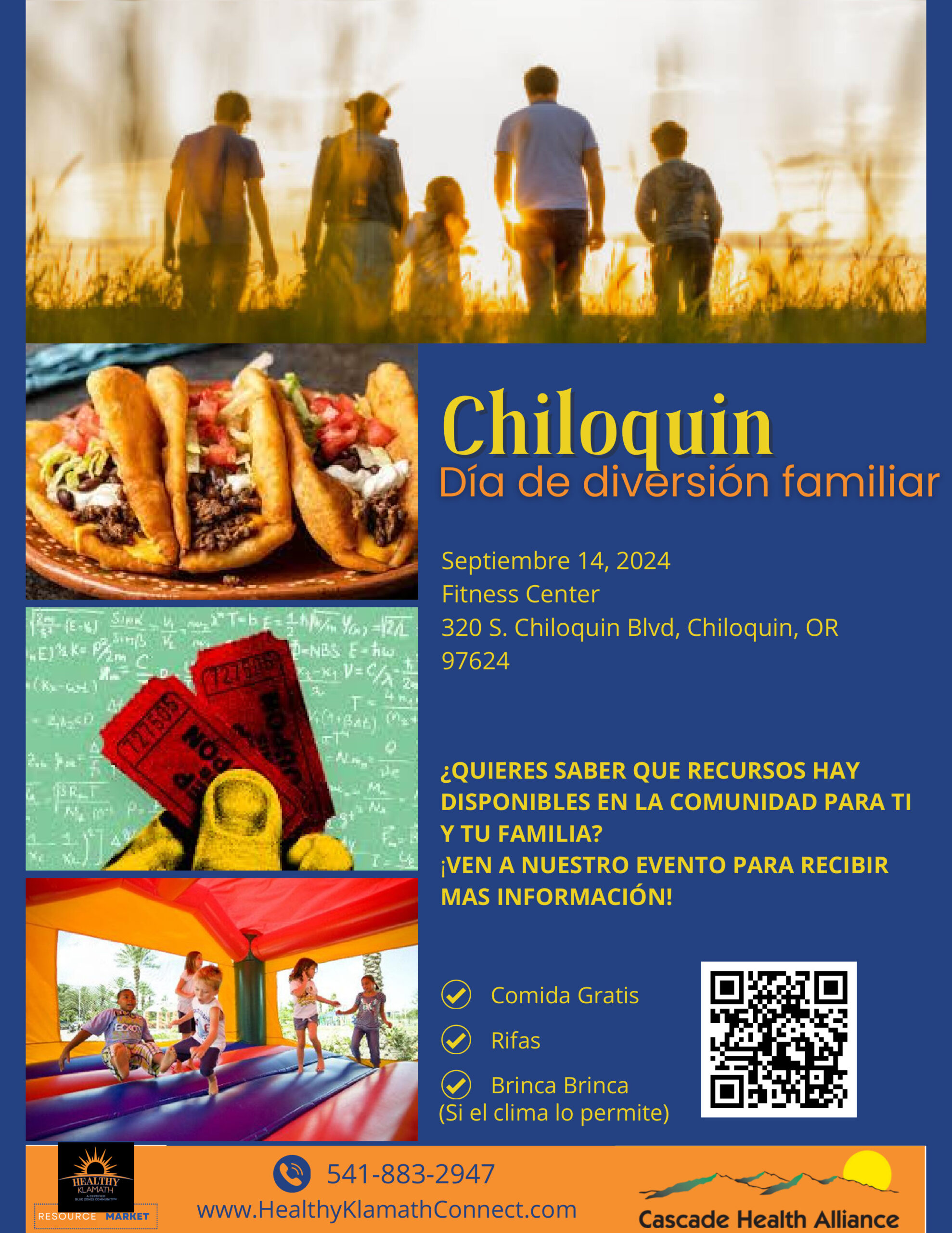 ¡El día de diversión familiar de Chiloquin es este sábado! 14 de septiembre. Comida gratis, música, diversión para niños, castillo inflable y mucho más.