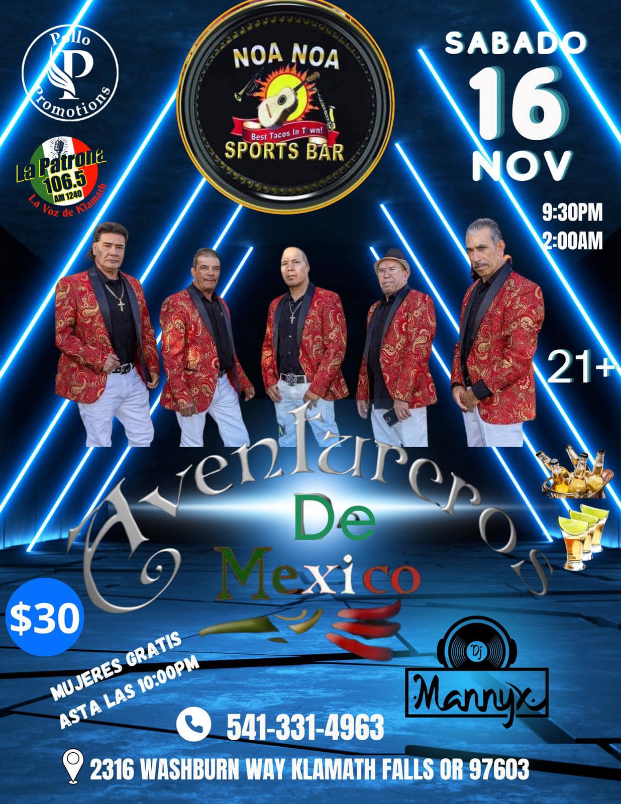 Ven a divertirte en Noa Noa Sports Bar, sáb. 16 de noviembre ¡Con otra banda popular!