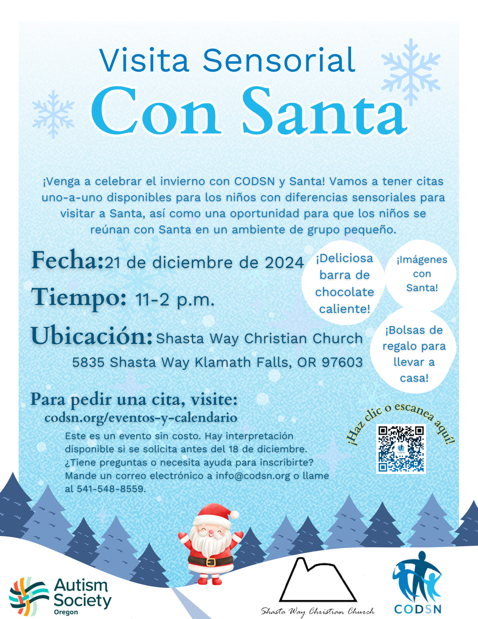 ¡Visita sensorial con Santa! Sábado 21 de diciembre, 11 a. m. a 2 p. m. Iglesia cristiana Shasta Way